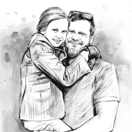 Hand Painted Ink Rendering Portrait of A Dad and His Daughter Together - myDaVinci
